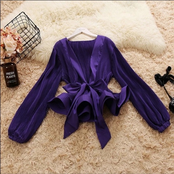 Tops - Faux wrap top w/sash lantern sleeves deep V neck